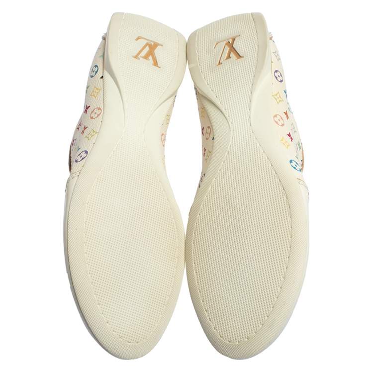 Pre Owned Louis Vuitton White Leather And Multicolor Monogram Canvas Lace Up Sneakers Size 40