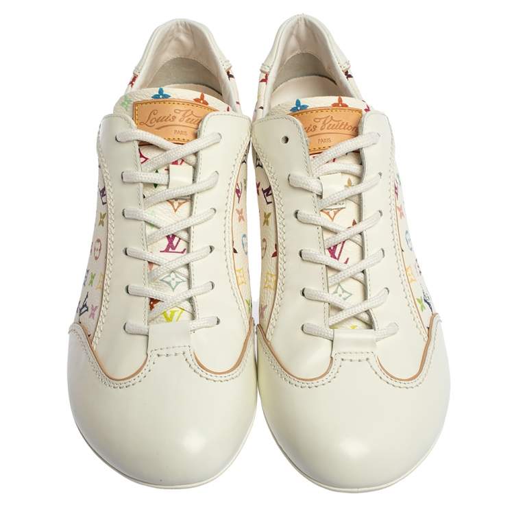 Pre Owned Louis Vuitton White Leather And Multicolor Monogram Canvas Lace Up Sneakers Size 40