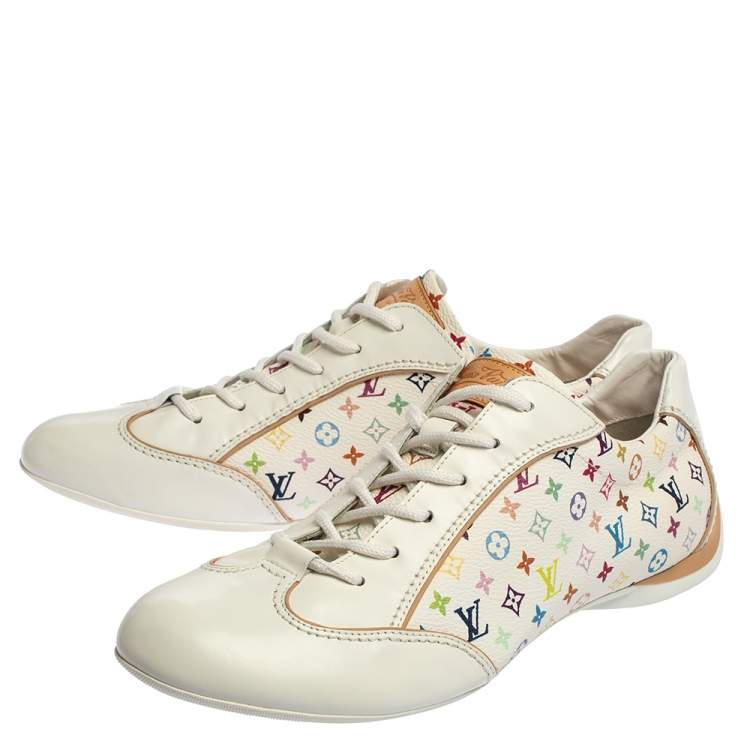 Pre Owned Louis Vuitton White Leather And Multicolor Monogram Canvas Lace Up Sneakers Size 40