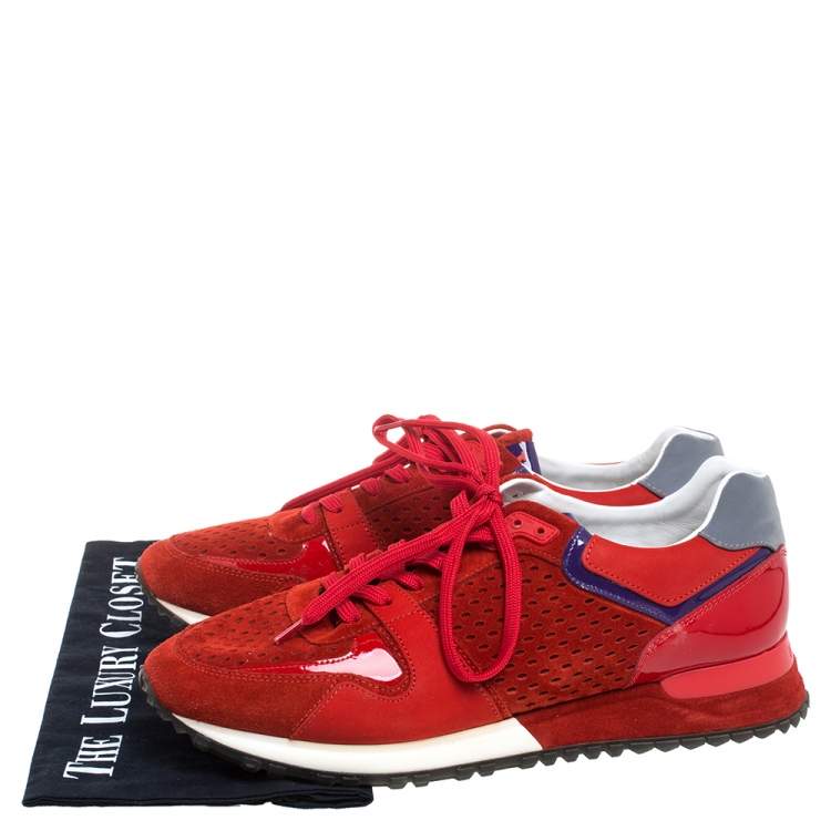 Pre Owned Louis Vuitton Red Perforated Suede And Patent Leather Run Away Low Top Sneakers Size 39