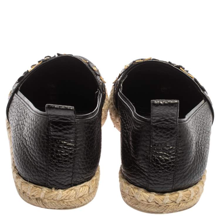 Pre Owned Louis Vuitton Black Leather Flower Embellished Espadrilles Slip On Loafers Size 40