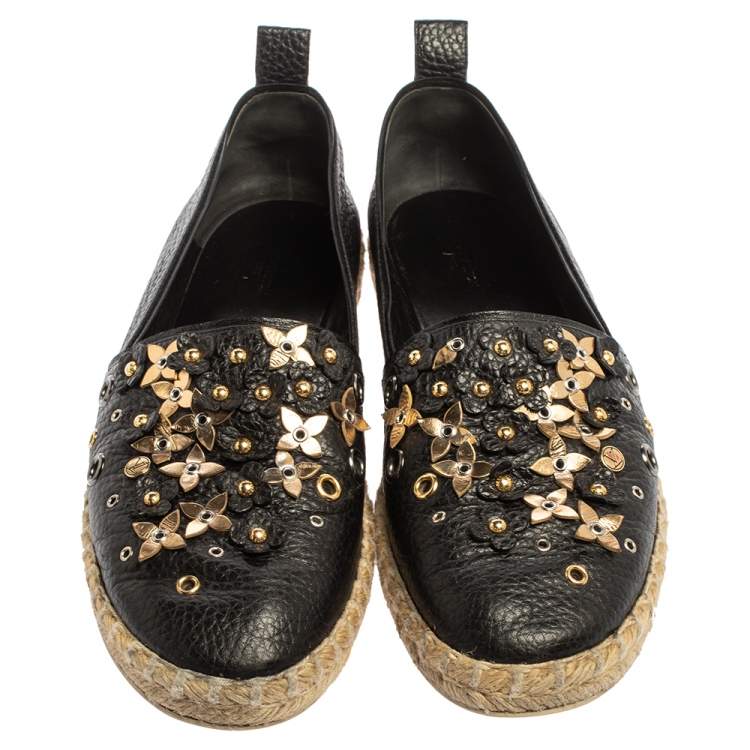 Pre Owned Louis Vuitton Black Leather Flower Embellished Espadrilles Slip On Loafers Size 40