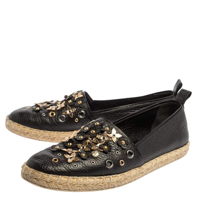 Pre Owned Louis Vuitton Black Leather Flower Embellished Espadrilles Slip On Loafers Size 40