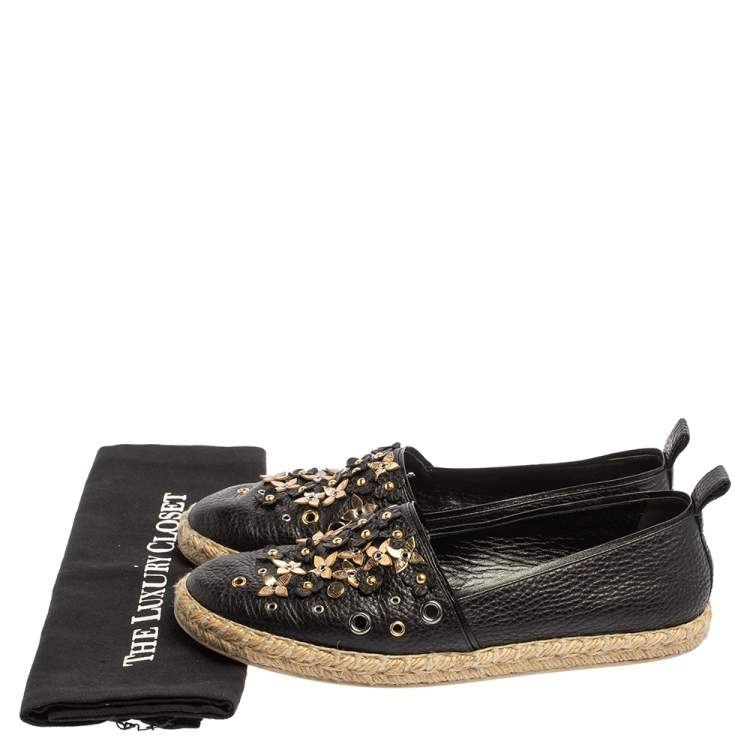 Pre Owned Louis Vuitton Black Leather Flower Embellished Espadrilles Slip On Loafers Size 40