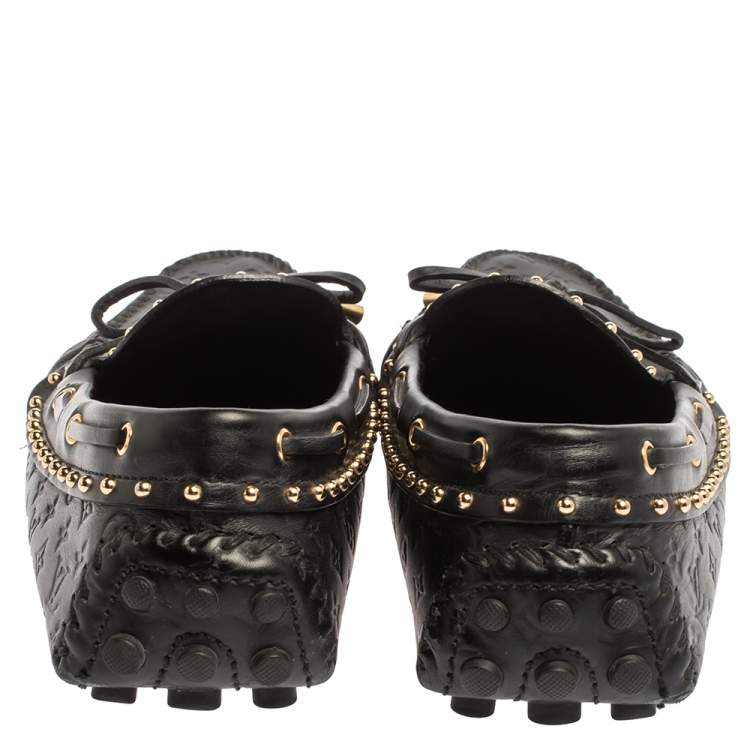 Pre Owned Louis Vuitton Black Monogram Embossed Leather Gloria Studded Tassel Loafers Size 38