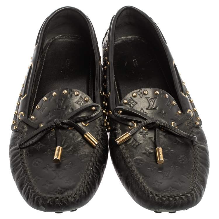 Pre Owned Louis Vuitton Black Monogram Embossed Leather Gloria Studded Tassel Loafers Size 38