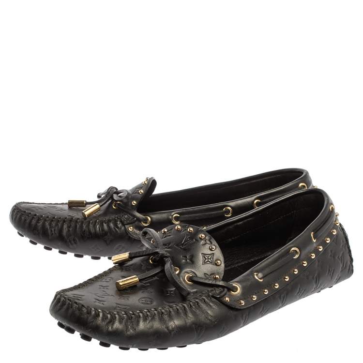 Pre Owned Louis Vuitton Black Monogram Embossed Leather Gloria Studded Tassel Loafers Size 38
