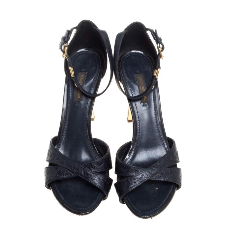Pre Owned Louis Vuitton Blue Infini Monogram Empreinte Leather Ankle Strap Sandals Size 37