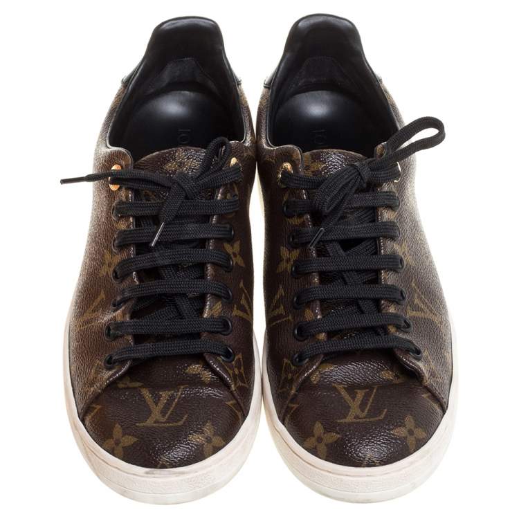 Pre Owned Louis Vuitton Monogram Canvas and Black Patent Leather Frontrow Low Top Sneakers Size 39