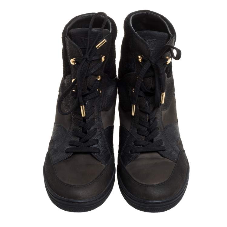 Pre Owned Louis Vuitton Black Monogram Suede and Leather Cliff Top Lace Up Sneakers Size 39.5