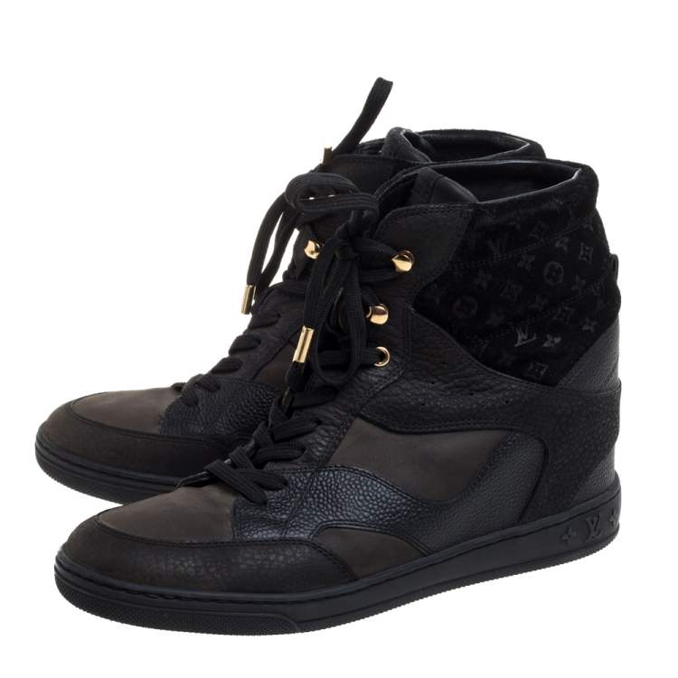 Pre Owned Louis Vuitton Black Monogram Suede and Leather Cliff Top Lace Up Sneakers Size 39.5