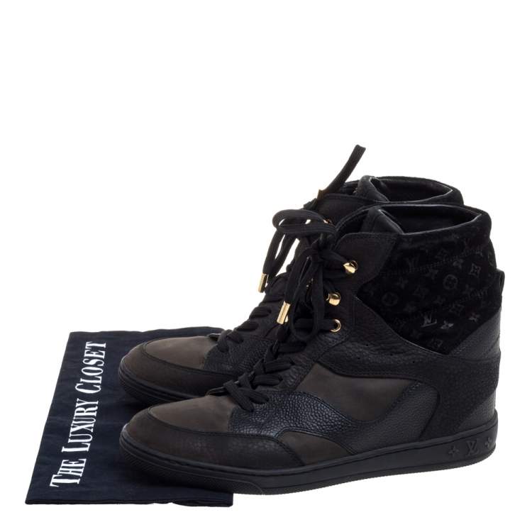 Pre Owned Louis Vuitton Black Monogram Suede and Leather Cliff Top Lace Up Sneakers Size 39.5