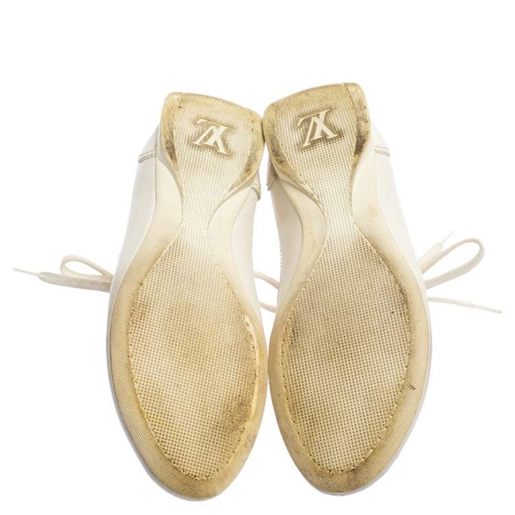 Pre Owned Louis Vuitton White Leather And Multicolor Monogram Canvas Lace Up Sneakers Size 38