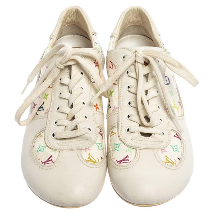 Pre Owned Louis Vuitton White Leather And Multicolor Monogram Canvas Lace Up Sneakers Size 38