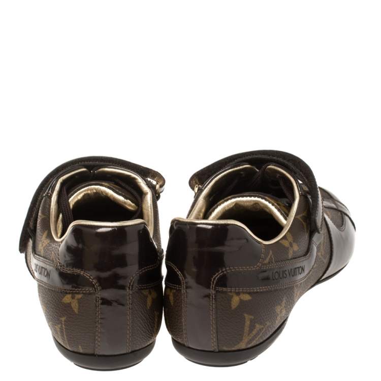 Pre Owned Louis Vuitton Brown Patent Leather And Monogram Canvas Lace Up Sneakers Size 39