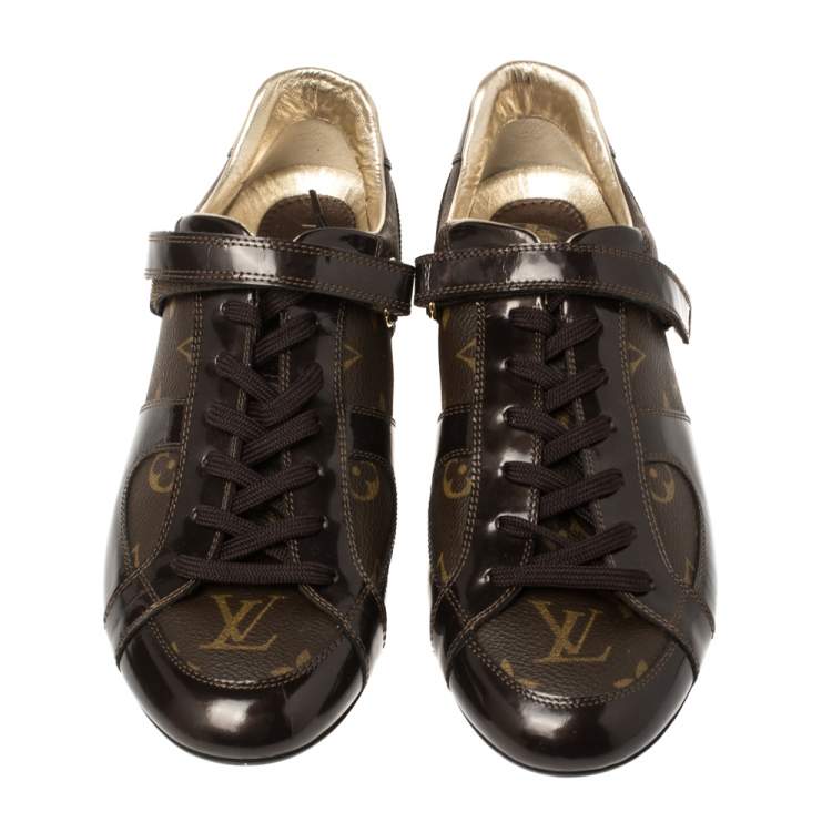 Pre Owned Louis Vuitton Brown Patent Leather And Monogram Canvas Lace Up Sneakers Size 39