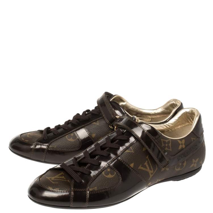 Pre Owned Louis Vuitton Brown Patent Leather And Monogram Canvas Lace Up Sneakers Size 39