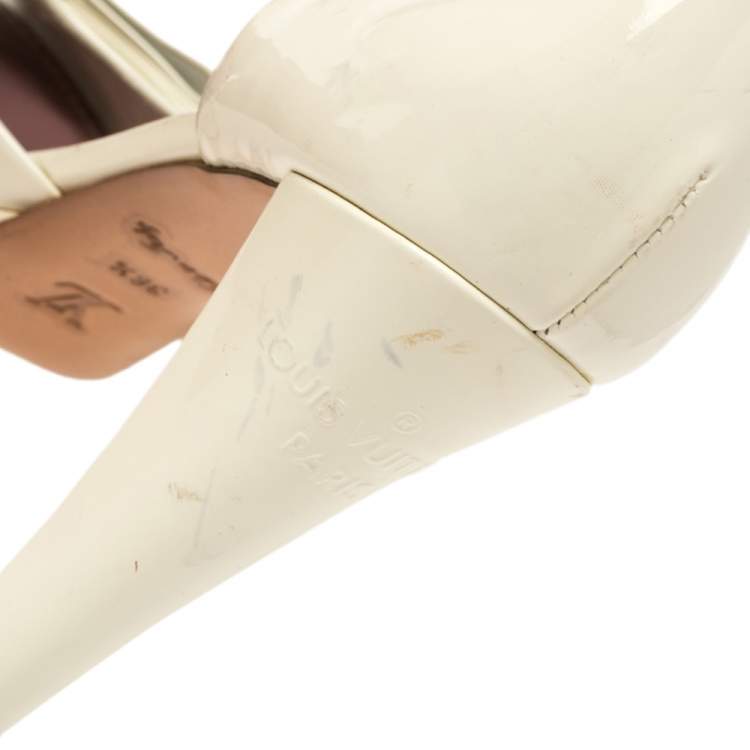 Pre Owned Louis Vuitton Off-White Patent Leather Apple Peep Toe Pumps Size 36.5