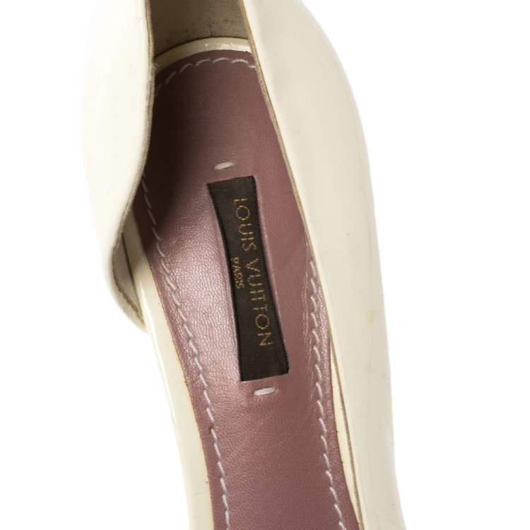 Pre Owned Louis Vuitton Off-White Patent Leather Apple Peep Toe Pumps Size 36.5