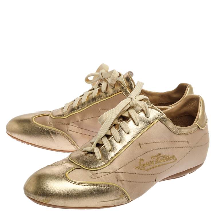 Pre Owned Louis Vuitton Gold/Beige Satin And Leather Low Top Sneakers Size 38.5