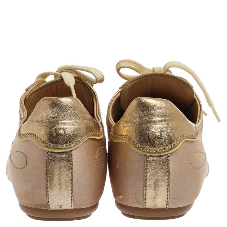 Pre Owned Louis Vuitton Gold/Beige Satin And Leather Low Top Sneakers Size 38.5