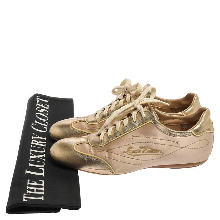 Pre Owned Louis Vuitton Gold/Beige Satin And Leather Low Top Sneakers Size 38.5