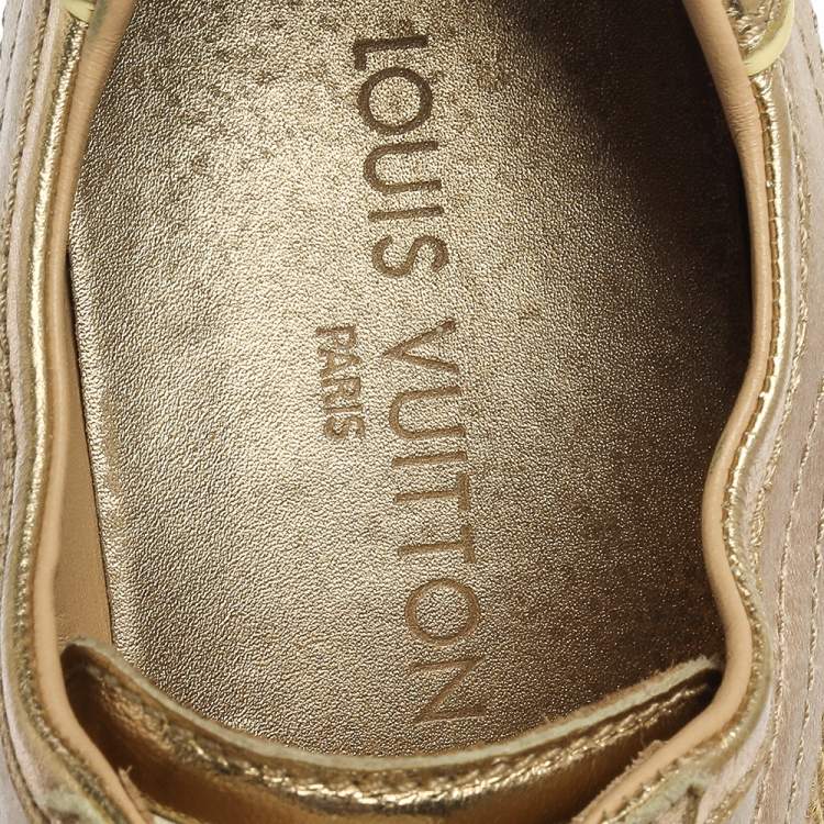 Pre Owned Louis Vuitton Gold/Beige Satin And Leather Low Top Sneakers Size 38.5