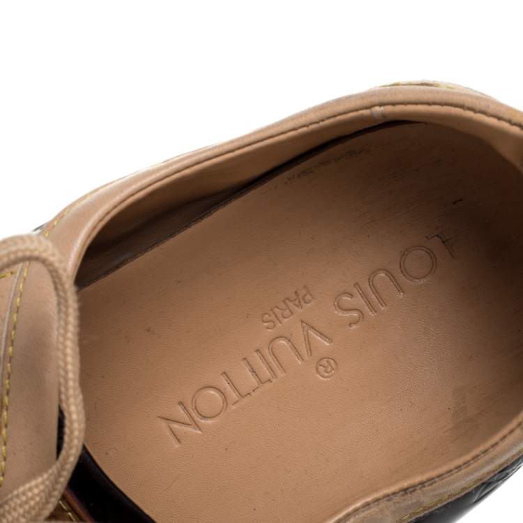 Pre Owned Louis Vuitton Amarante/Beige Monogram Vernis and Leather Low Top Sneakers Size 38.5