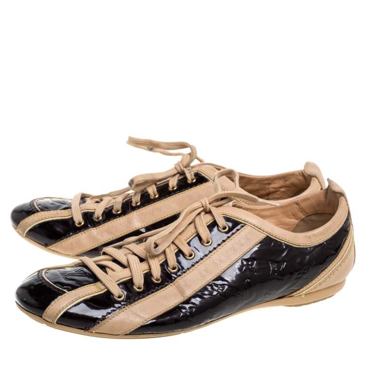 Pre Owned Louis Vuitton Amarante/Beige Monogram Vernis and Leather Low Top Sneakers Size 38.5