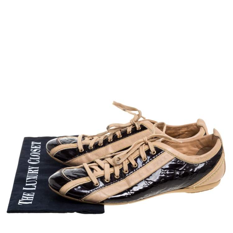 Pre Owned Louis Vuitton Amarante/Beige Monogram Vernis and Leather Low Top Sneakers Size 38.5