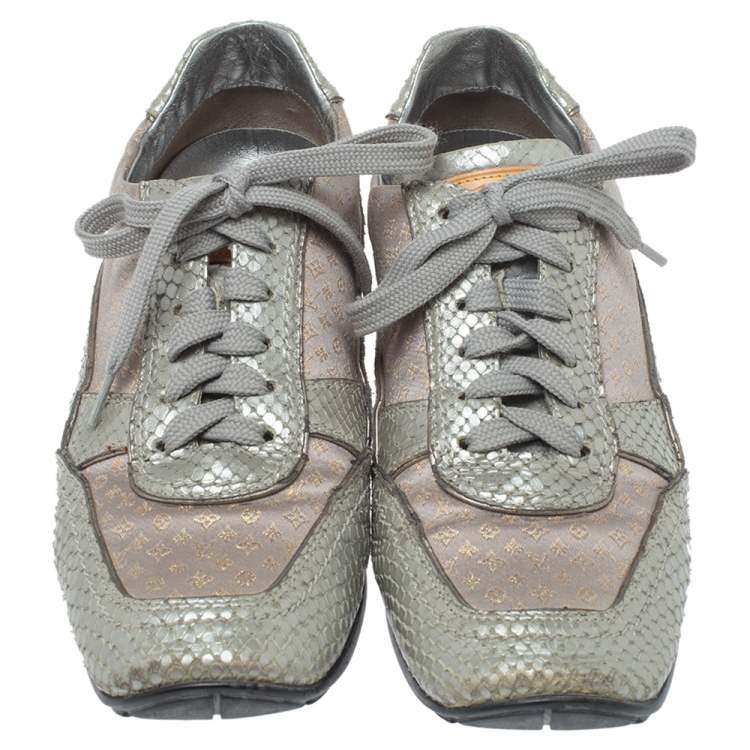 Pre Owned Louis Vuitton Silver/Beige Monogram Fabric and Python Lace Low Top Sneakers Size 38.5