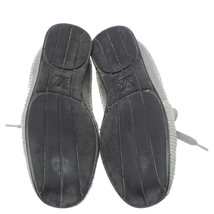 Pre Owned Louis Vuitton Silver/Beige Monogram Fabric and Python Lace Low Top Sneakers Size 38.5