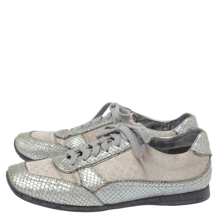 Pre Owned Louis Vuitton Silver/Beige Monogram Fabric and Python Lace Low Top Sneakers Size 38.5
