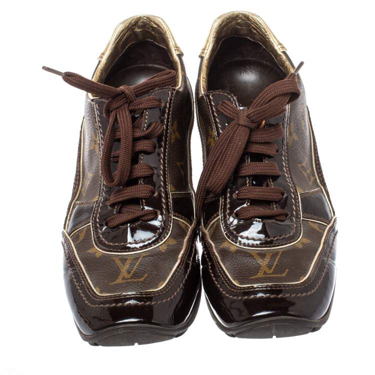مملوكة مسبقًا Louis Vuitton Brown Patent Leather And Monogram Canvas Lace Up Sneakers Size 38.5