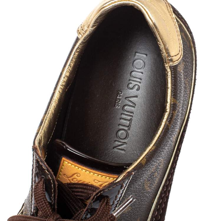 مملوكة مسبقًا Louis Vuitton Brown Patent Leather And Monogram Canvas Lace Up Sneakers Size 38.5
