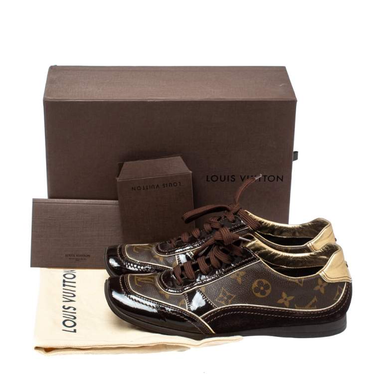 مملوكة مسبقًا Louis Vuitton Brown Patent Leather And Monogram Canvas Lace Up Sneakers Size 38.5