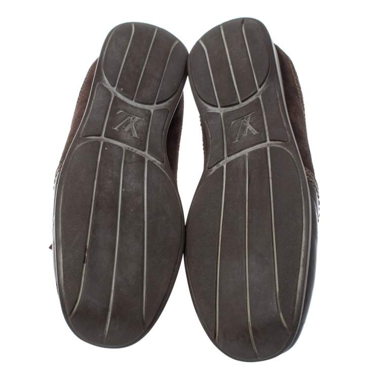 Pre Owned Louis Vuitton Brown Monogram Canvas and Patent Leather Globe Trotter Square Toe Sneakers Size 37.5