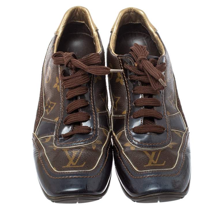 Pre Owned Louis Vuitton Brown Monogram Canvas and Patent Leather Globe Trotter Square Toe Sneakers Size 37.5