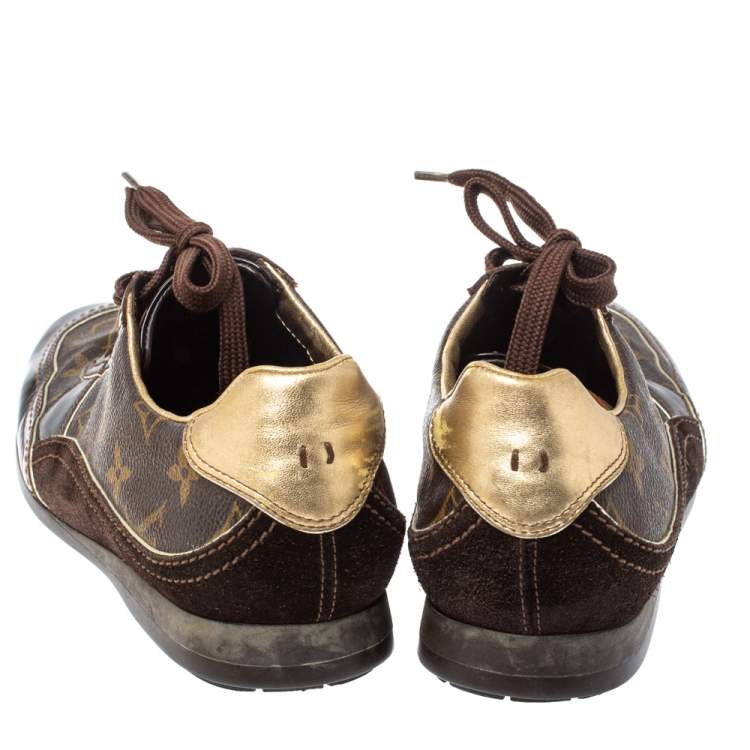 Pre Owned Louis Vuitton Brown Monogram Canvas and Patent Leather Globe Trotter Square Toe Sneakers Size 37.5