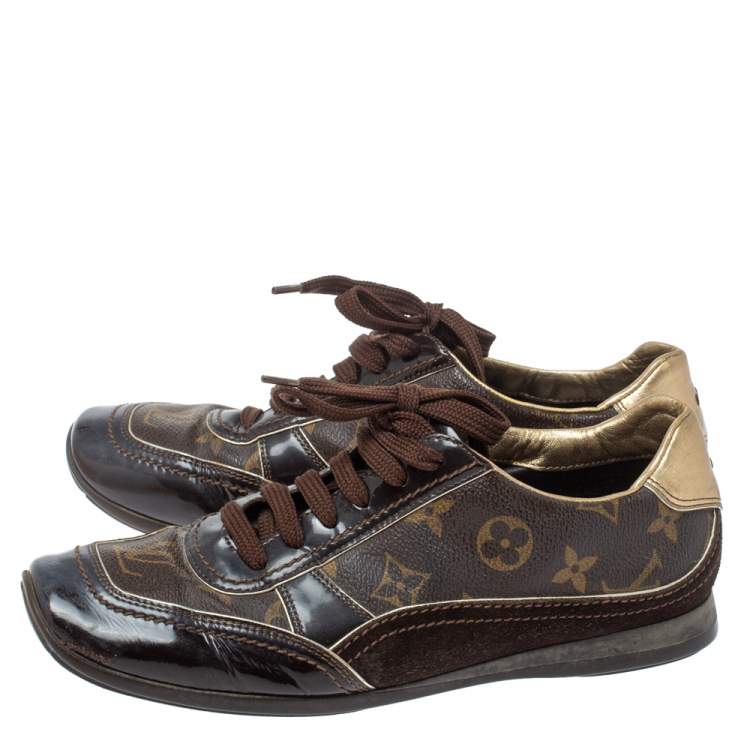Pre Owned Louis Vuitton Brown Monogram Canvas and Patent Leather Globe Trotter Square Toe Sneakers Size 37.5