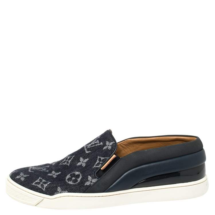 Pre Owned Louis Vuitton Blue Monogram Denim Tempo Slip On Sneakers Size 38.5
