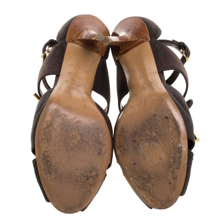 Pre Owned Louis Vuitton Moka Pebbled Leather Corfu Caged Sandals Size 38.5