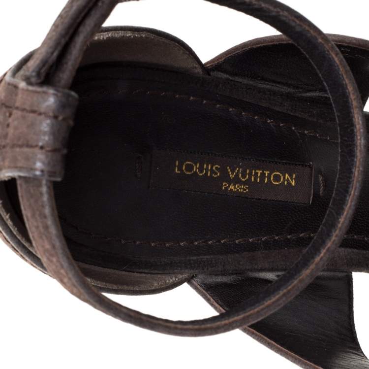 Pre Owned Louis Vuitton Moka Pebbled Leather Corfu Caged Sandals Size 38.5