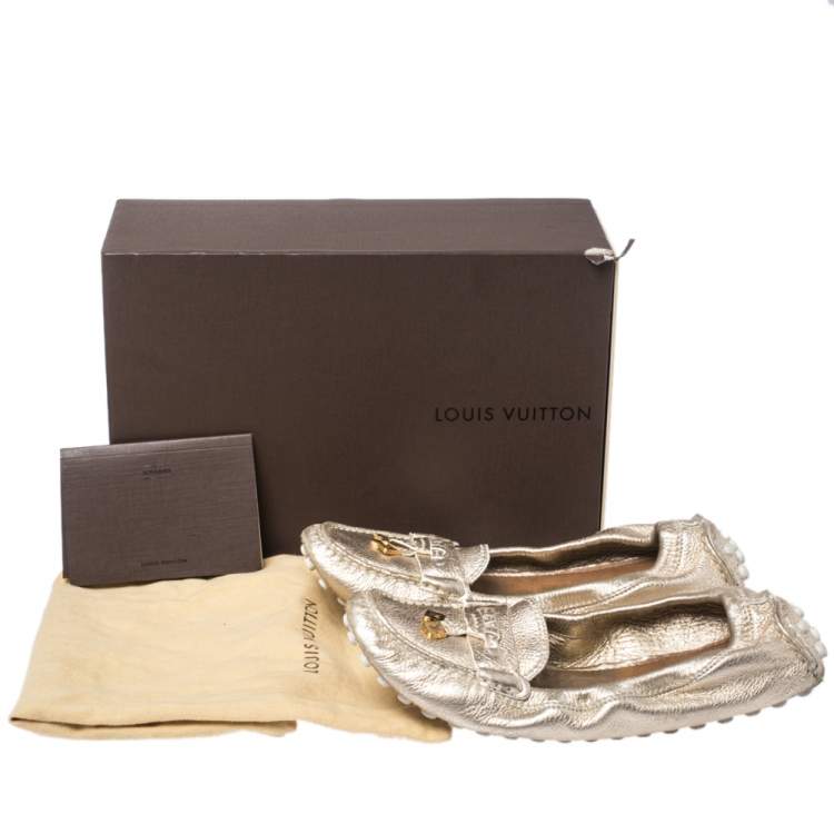 Pre Owned Louis Vuitton Metallic Gold Textured Leather Scrunch Bow Slip On Loafers Size 39