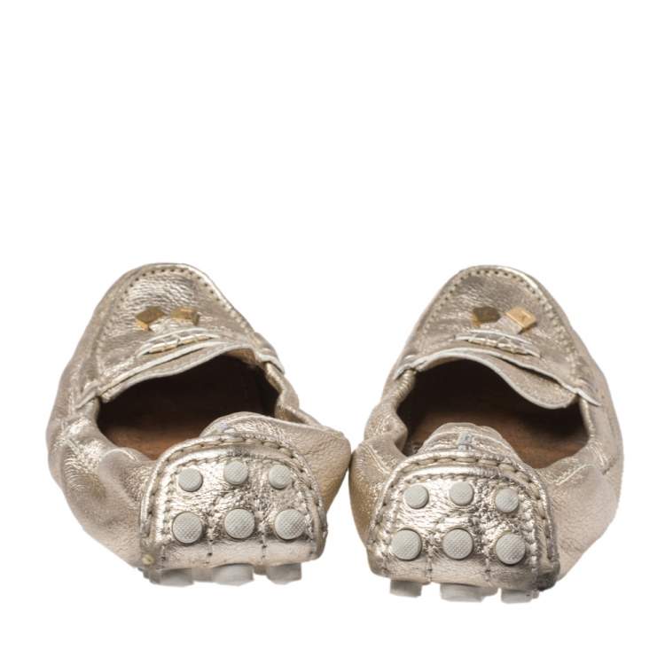 Pre Owned Louis Vuitton Metallic Gold Textured Leather Scrunch Bow Slip On Loafers Size 39