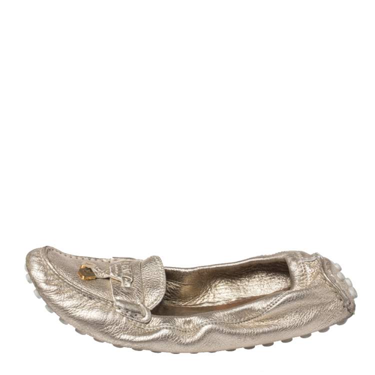 Pre Owned Louis Vuitton Metallic Gold Textured Leather Scrunch Bow Slip On Loafers Size 39