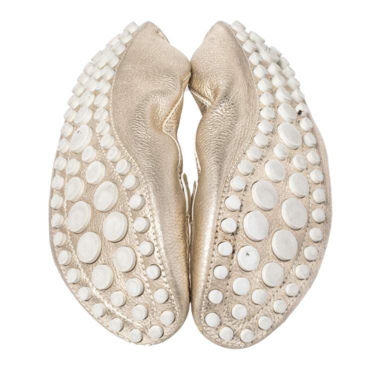 Pre Owned Louis Vuitton Metallic Gold Textured Leather Scrunch Bow Slip On Loafers Size 39