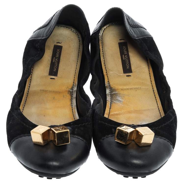 Pre Owned Louis Vuitton Black  Suede And Leather Dice Scrunch Ballet Flats Size 38