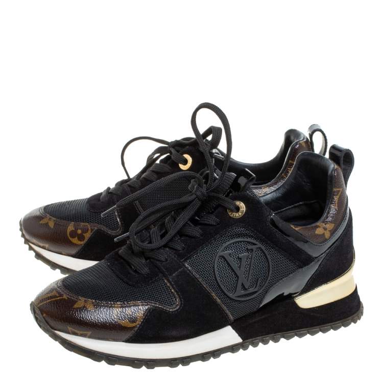 Pre Owned Louis Vuitton Black/Brown Monogram Canvas And Mesh Run Away Lace Up Sneakers Size 35.5