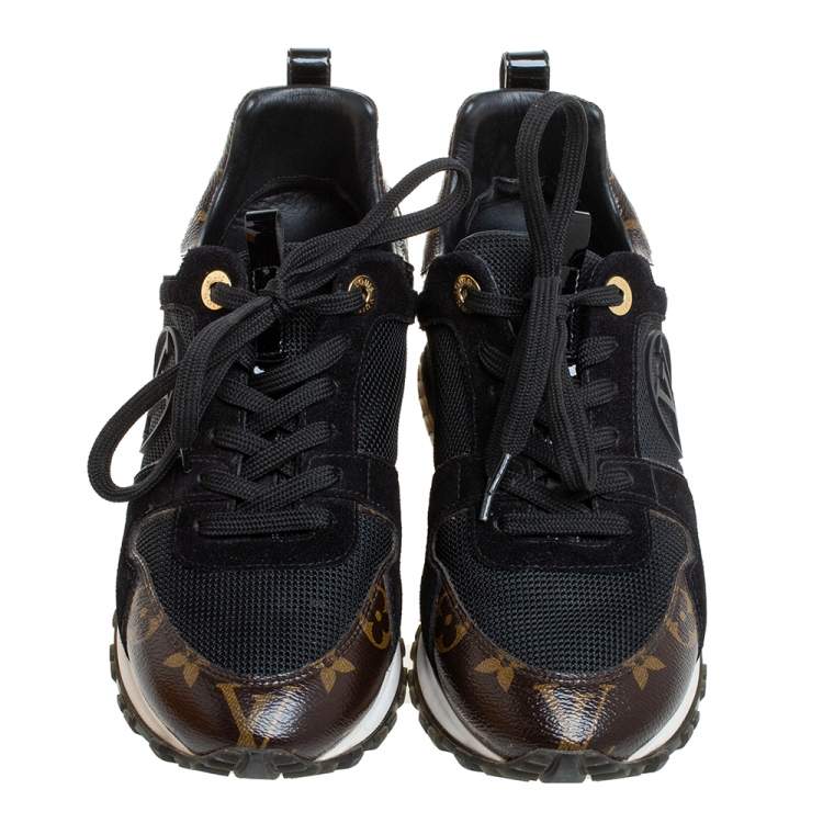 Pre Owned Louis Vuitton Black/Brown Monogram Canvas And Mesh Run Away Lace Up Sneakers Size 35.5